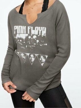 PINK Victoria's Secret Gray Knit Riot Pink Floyd Waffle Knit Long Sleeve Size M